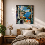 Mediterranean Window View Wall Art Coastal Seaside Framed Canvas Ocean Landscape Living Room Decor