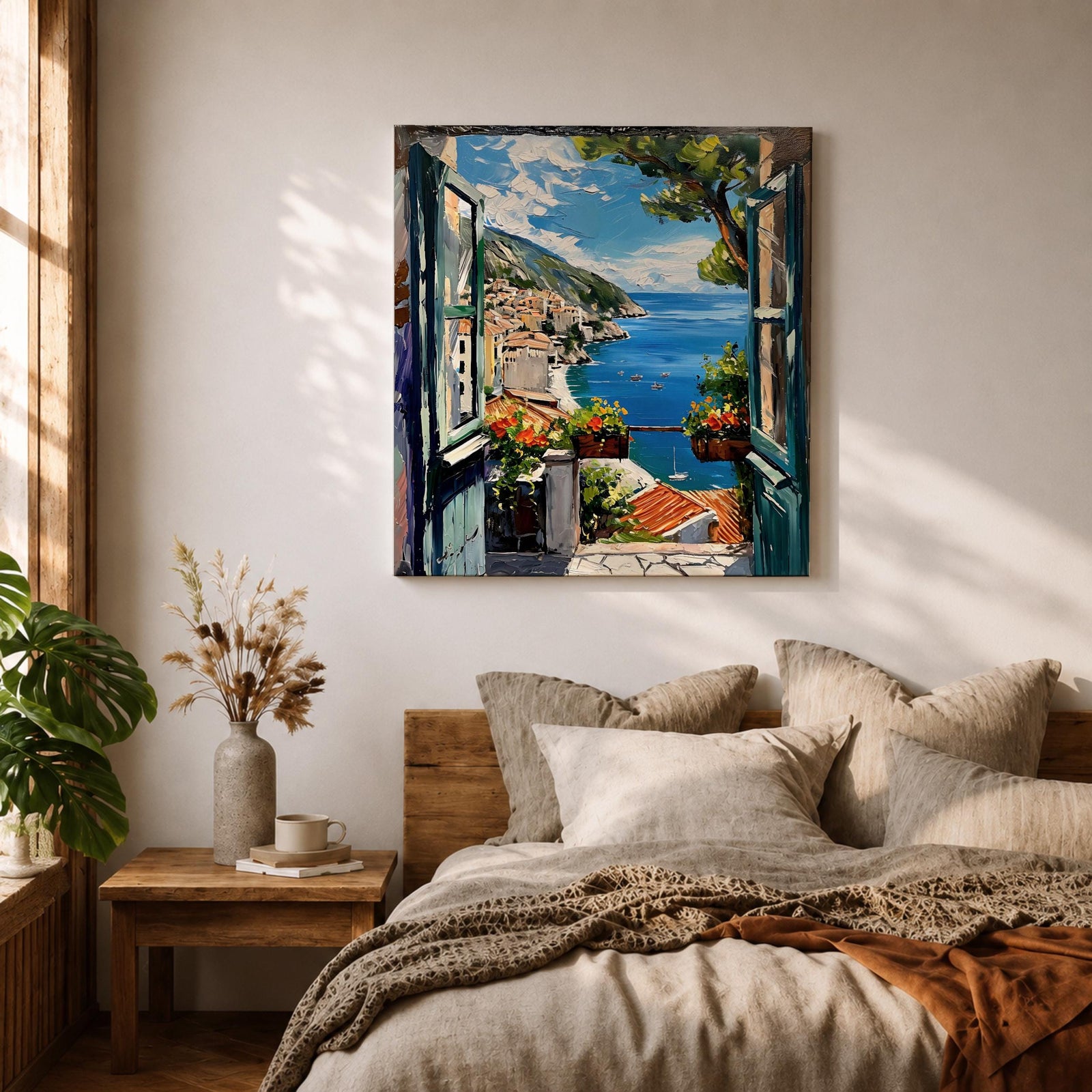 Mediterranean Window View Wall Art Coastal Seaside Framed Canvas Ocean Landscape Living Room Decor