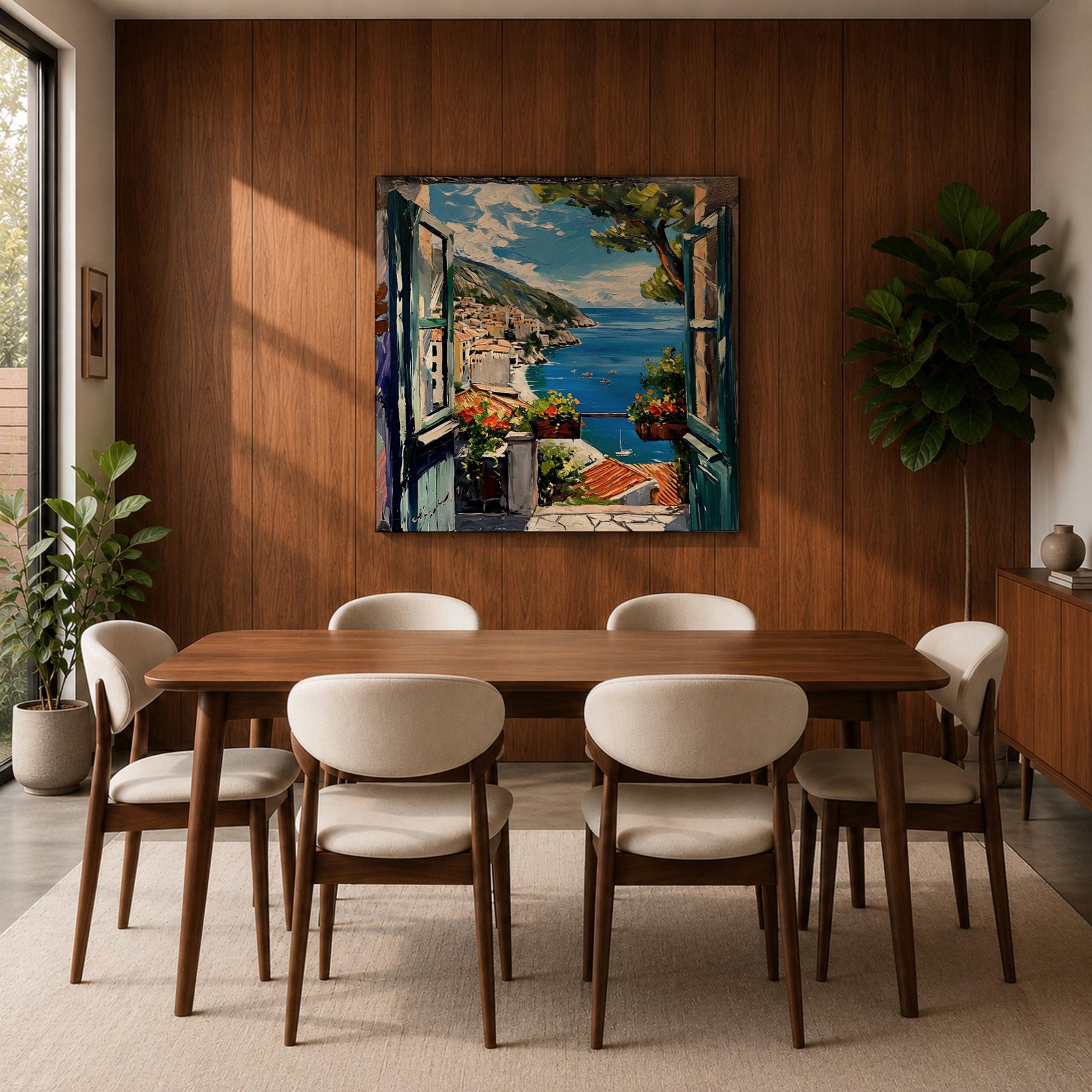 Mediterranean Window View Wall Art Coastal Seaside Framed Canvas Ocean Landscape Living Room Decor