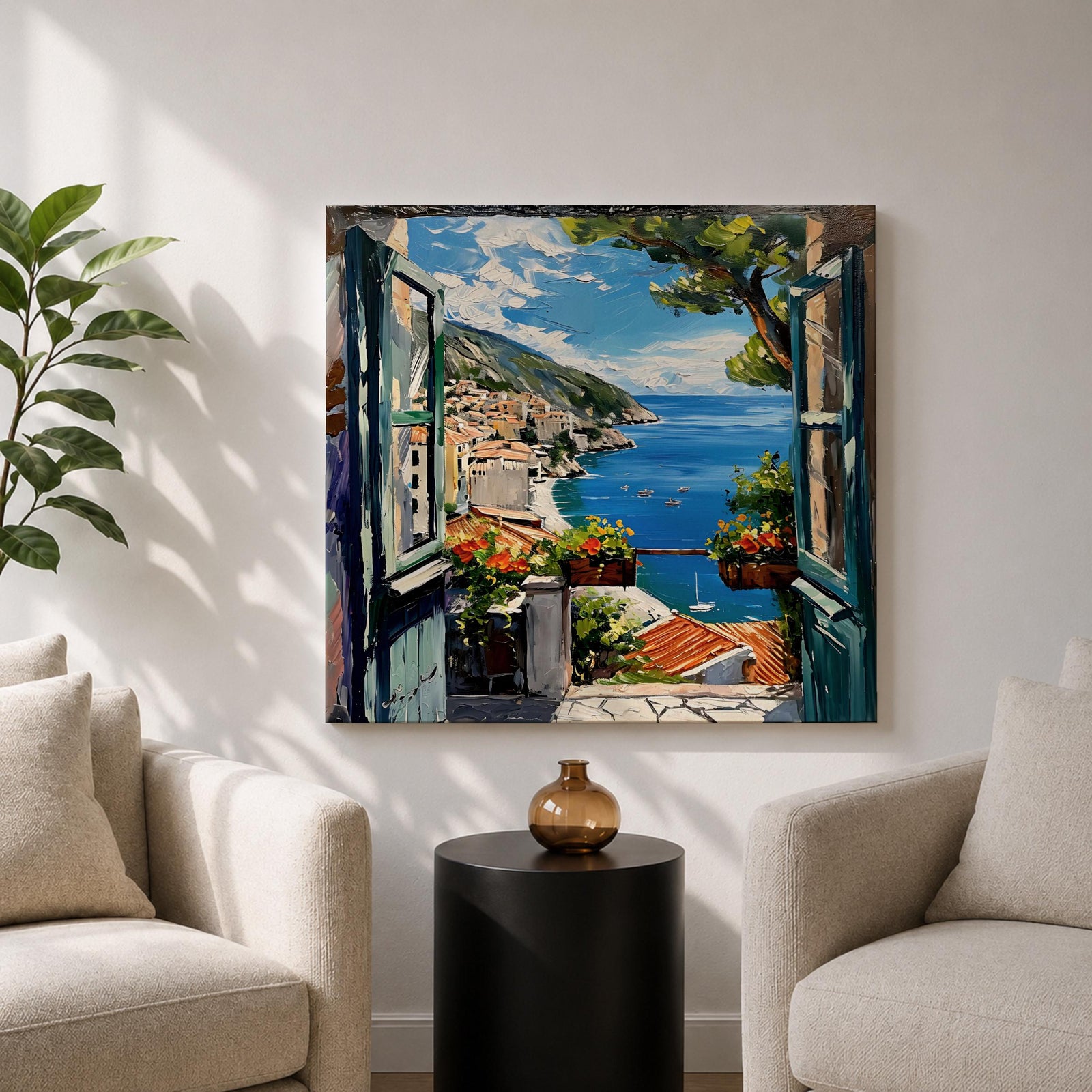 Mediterranean Window View Wall Art Coastal Seaside Framed Canvas Ocean Landscape Living Room Decor