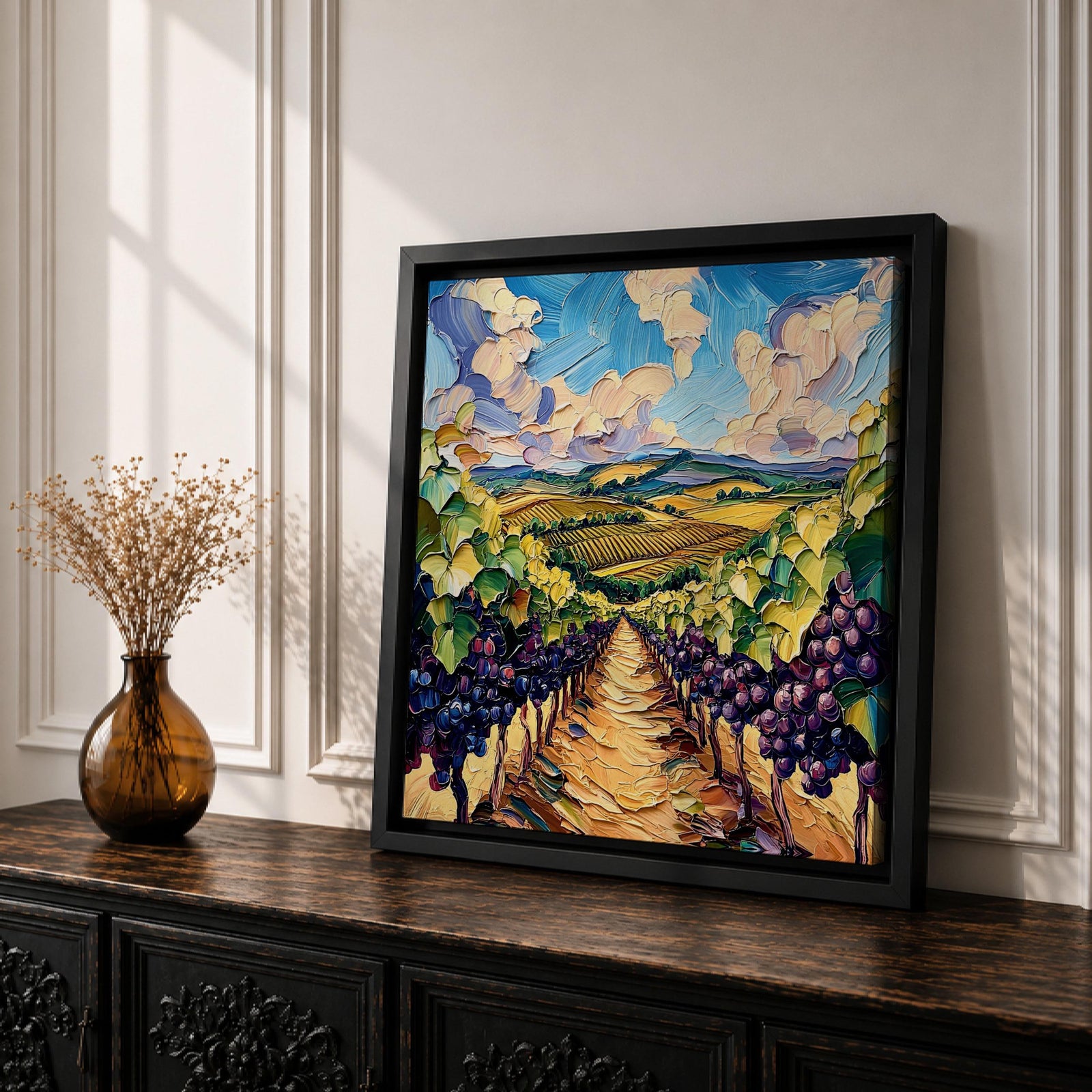 Vineyard Landscape Wall Art Grape Vineyard Framed Canvas Countryside Impasto Rustic Home Decor