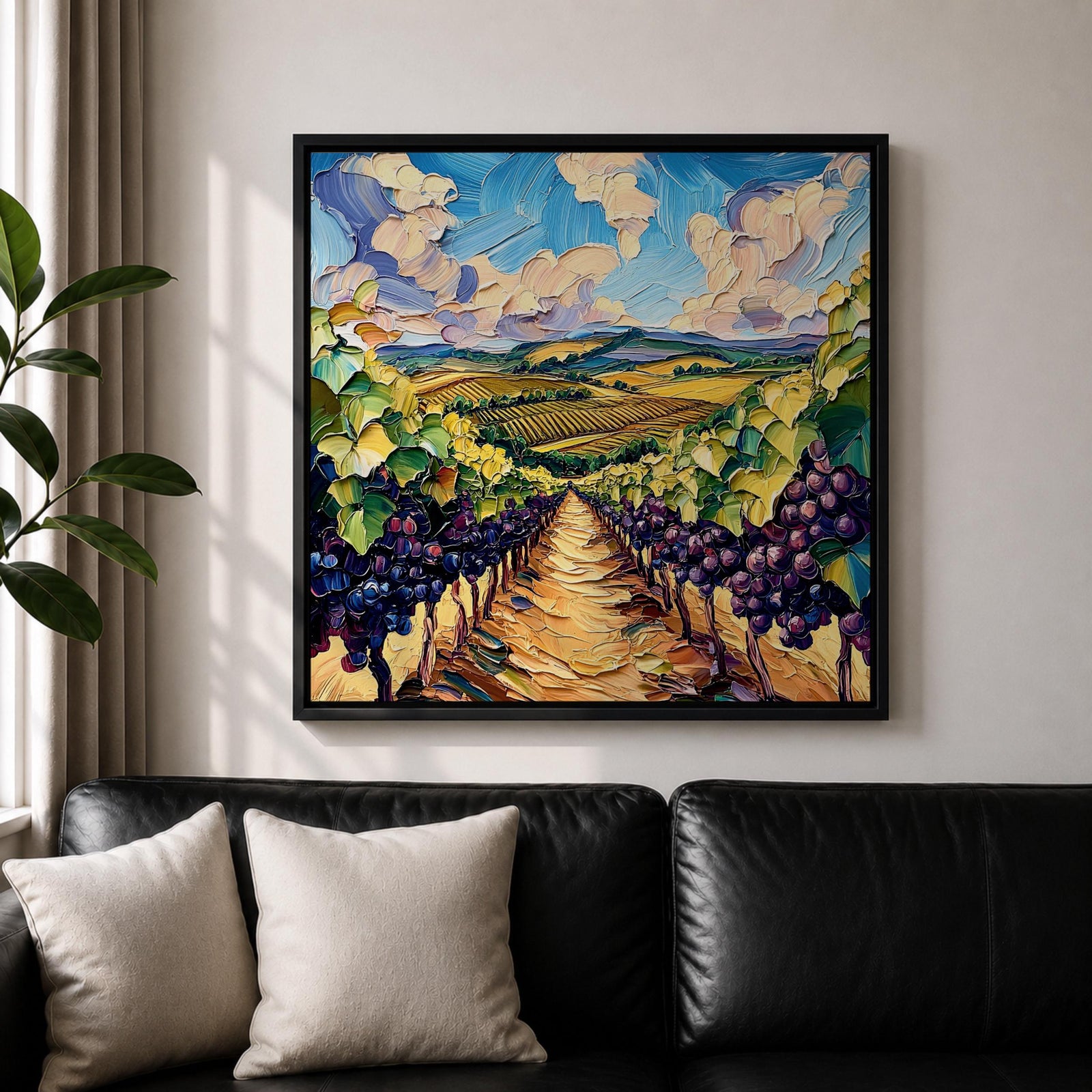 Vineyard Landscape Wall Art Grape Vineyard Framed Canvas Countryside Impasto Rustic Home Decor