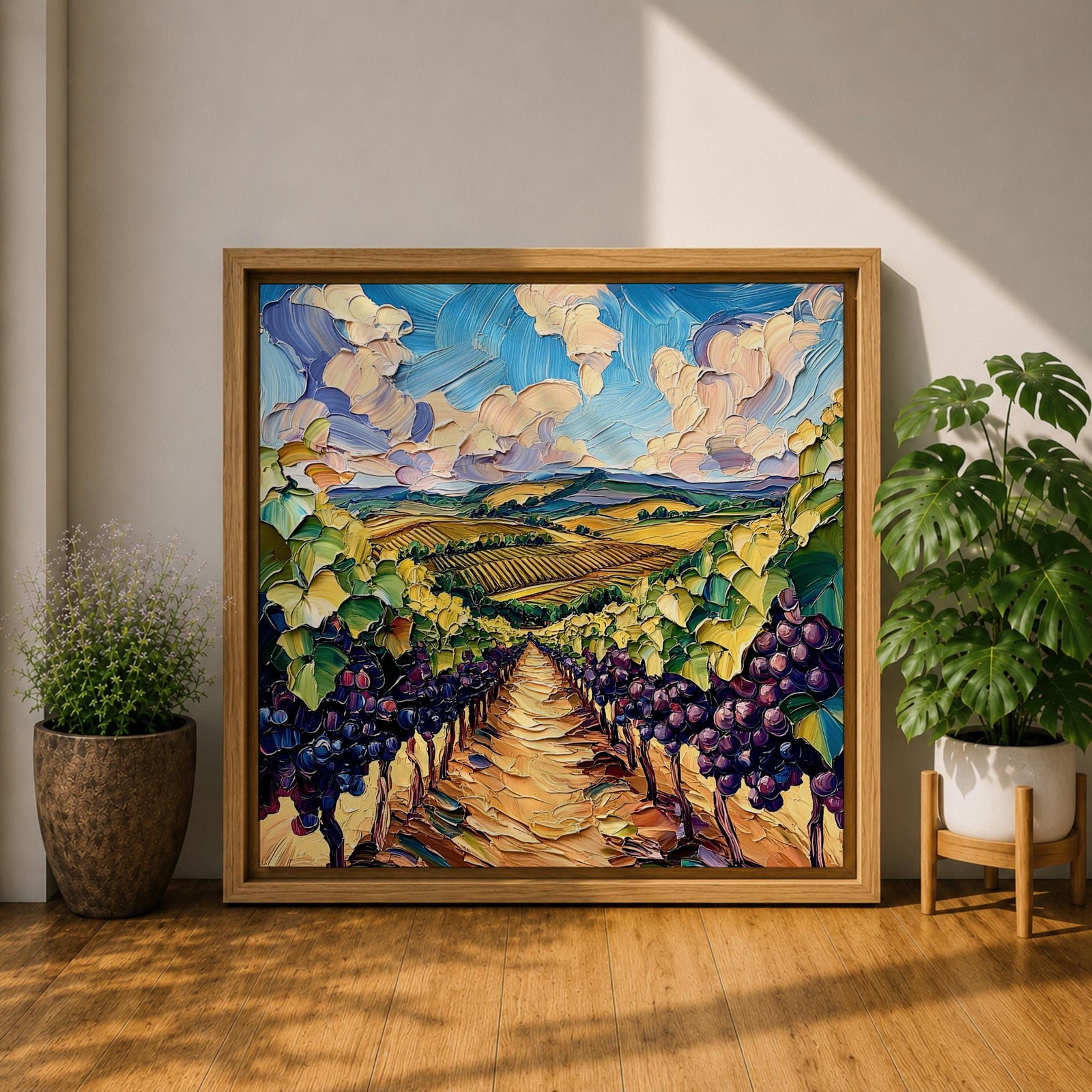Vineyard Landscape Wall Art Grape Vineyard Framed Canvas Countryside Impasto Rustic Home Decor