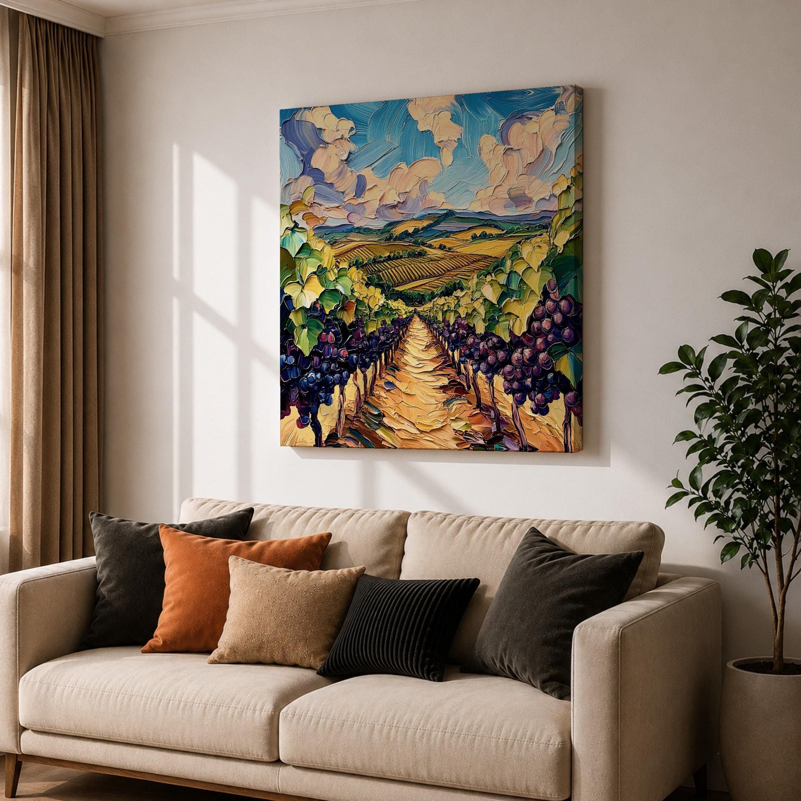 Vineyard Landscape Wall Art Grape Vineyard Framed Canvas Countryside Impasto Rustic Home Decor