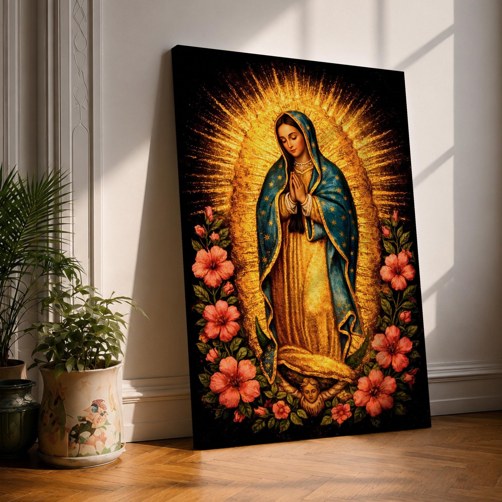 Devotional painting of Our Lady of Guadalupe standing in prayer with hands folded, wearing a blue mantle with stars and surrounded by radiant golden rays and vibrant hibiscus flowers in a colorful Mexican Catholic style.