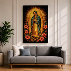 Devotional painting of Our Lady of Guadalupe standing in prayer with hands folded, wearing a blue mantle with stars and surrounded by radiant golden rays and vibrant hibiscus flowers in a colorful Mexican Catholic style.
