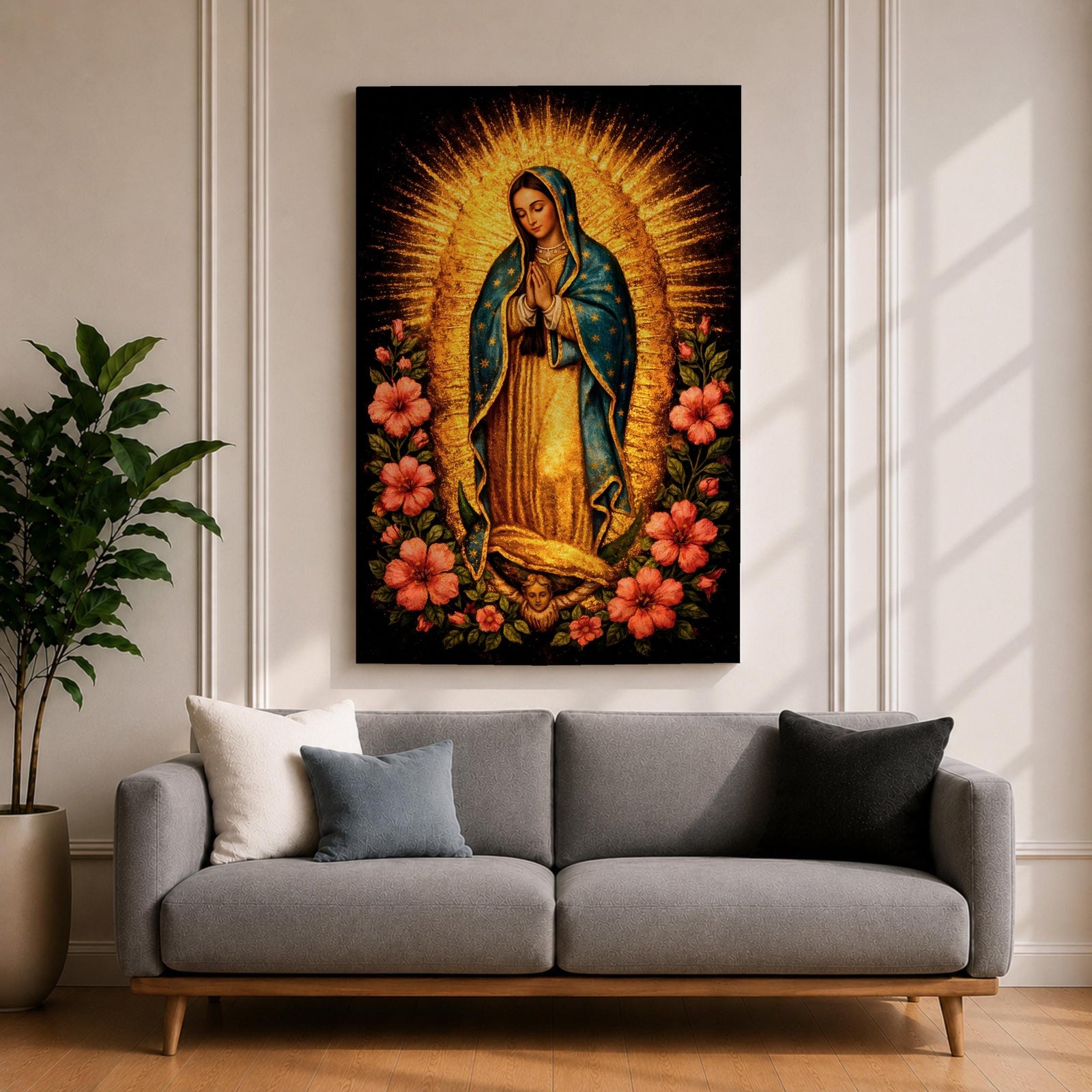Devotional painting of Our Lady of Guadalupe standing in prayer with hands folded, wearing a blue mantle with stars and surrounded by radiant golden rays and vibrant hibiscus flowers in a colorful Mexican Catholic style.
