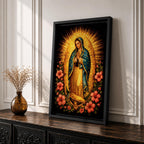 Devotional painting of Our Lady of Guadalupe standing in prayer with hands folded, wearing a blue mantle with stars and surrounded by radiant golden rays and vibrant hibiscus flowers in a colorful Mexican Catholic style.