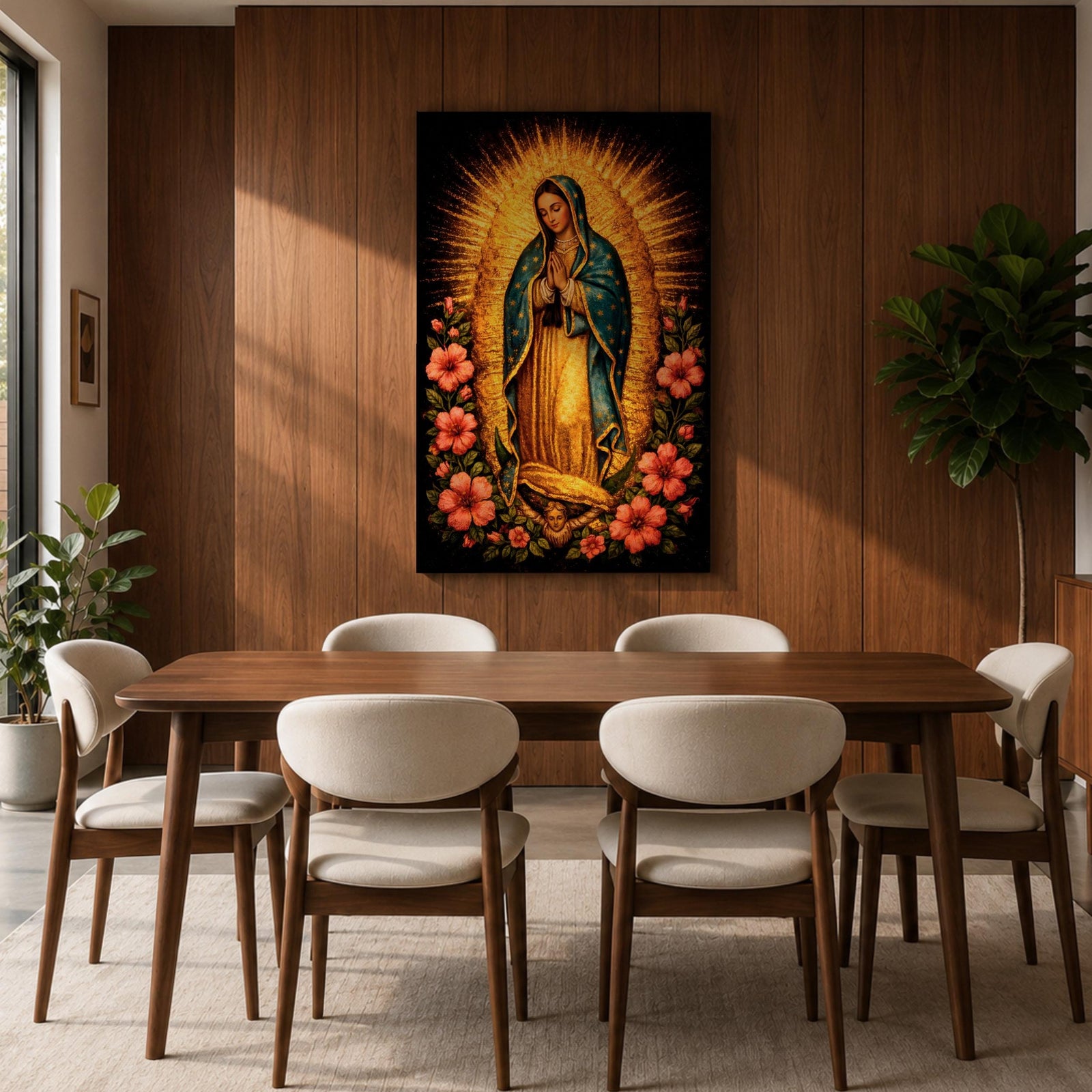 Devotional painting of Our Lady of Guadalupe standing in prayer with hands folded, wearing a blue mantle with stars and surrounded by radiant golden rays and vibrant hibiscus flowers in a colorful Mexican Catholic style.
