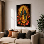 Devotional painting of Our Lady of Guadalupe standing in prayer with hands folded, wearing a blue mantle with stars and surrounded by radiant golden rays and vibrant hibiscus flowers in a colorful Mexican Catholic style.
