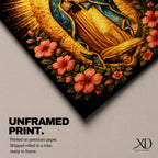 Devotional painting of Our Lady of Guadalupe standing in prayer with hands folded, wearing a blue mantle with stars and surrounded by radiant golden rays and vibrant hibiscus flowers in a colorful Mexican Catholic style.