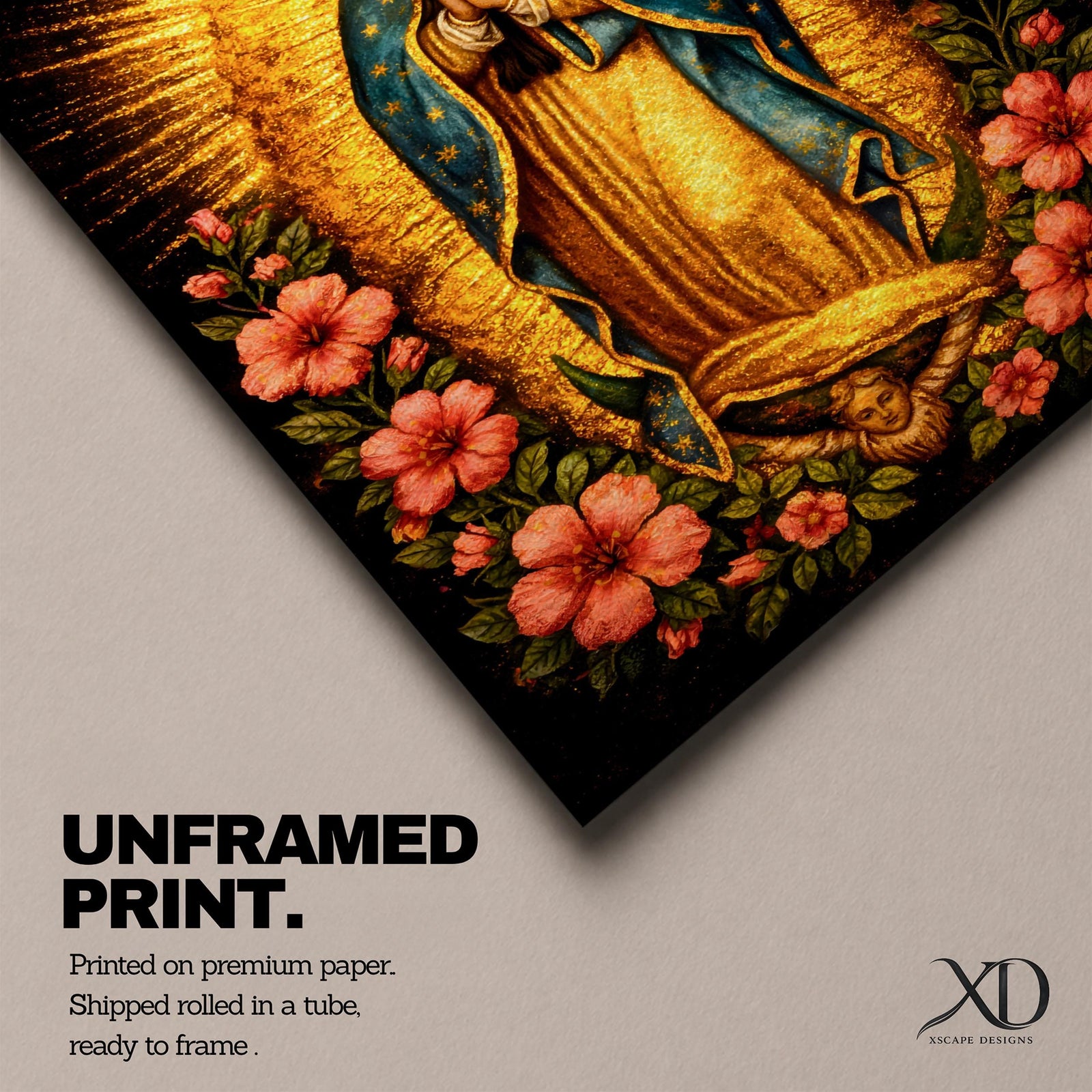 Devotional painting of Our Lady of Guadalupe standing in prayer with hands folded, wearing a blue mantle with stars and surrounded by radiant golden rays and vibrant hibiscus flowers in a colorful Mexican Catholic style.