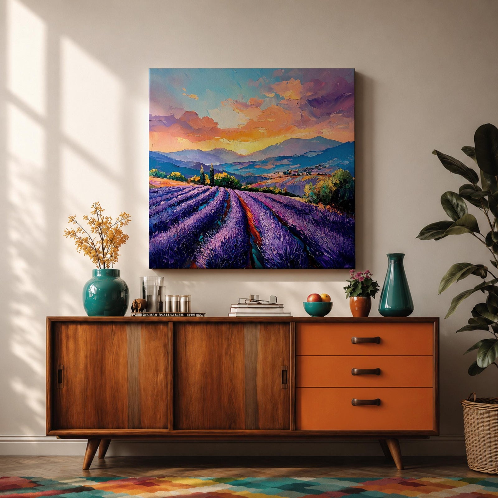 Lavender Field Wall Art Purple Flower Field Framed Canvas Provence Impasto Landscape Home Decor