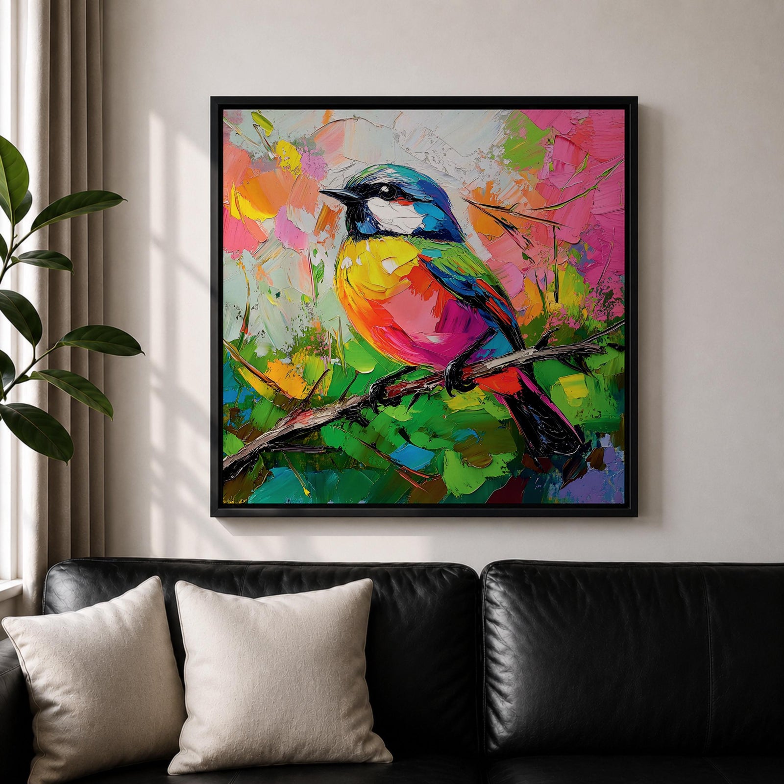 Songbird Wall Art Warbler Framed Canvas Tropical Bird Impasto Wildlife Boho Home Decor