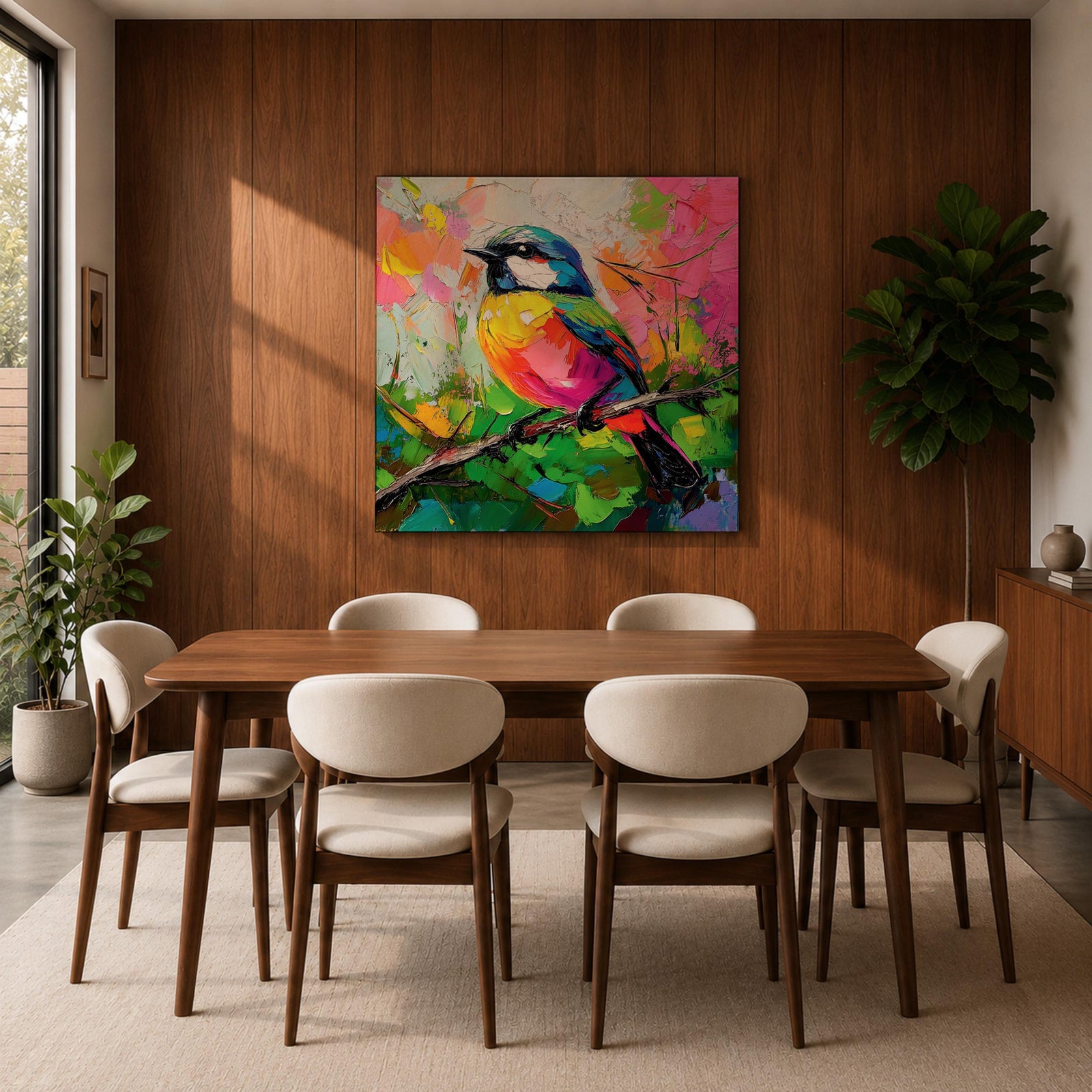Songbird Wall Art Warbler Framed Canvas Tropical Bird Impasto Wildlife Boho Home Decor