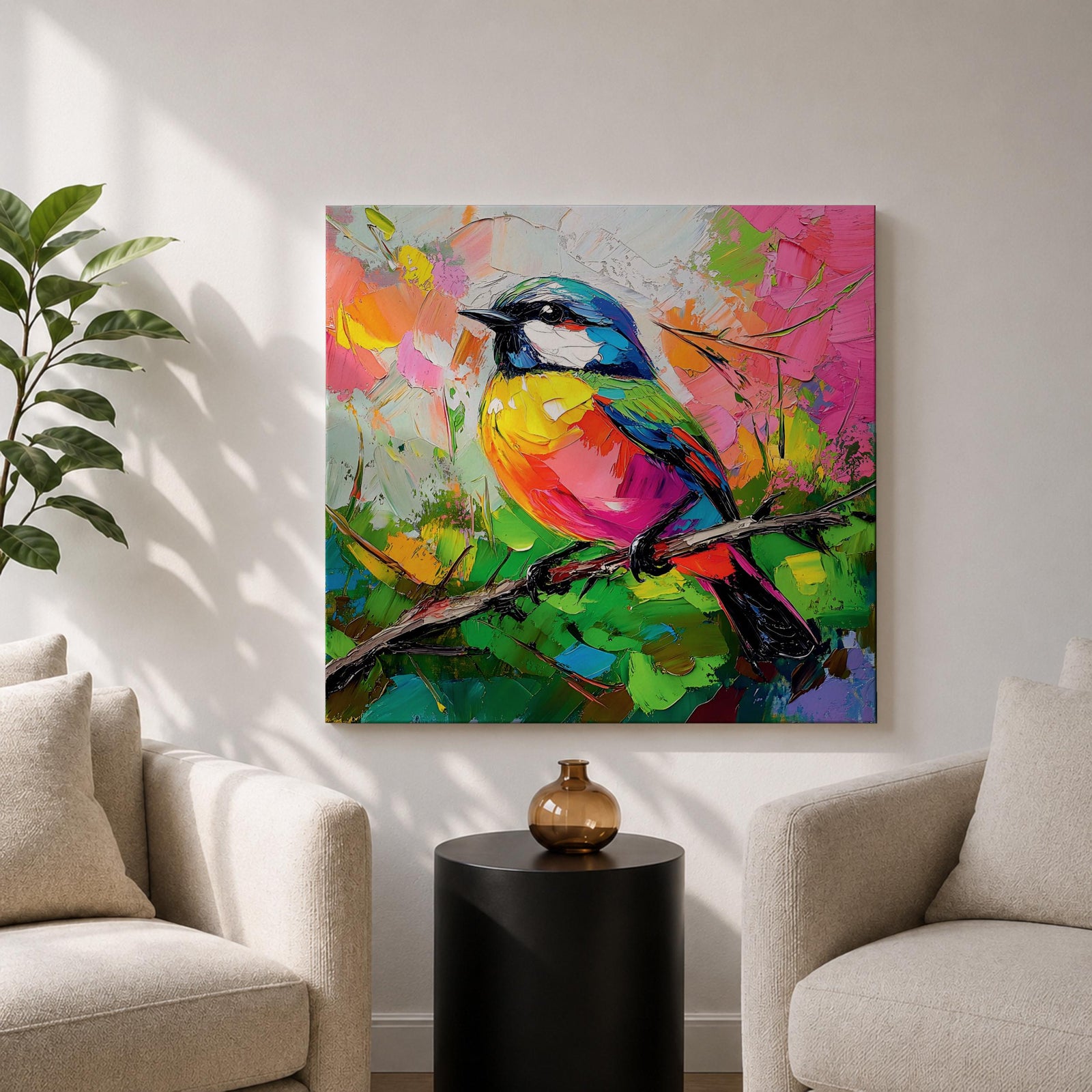 Songbird Wall Art Warbler Framed Canvas Tropical Bird Impasto Wildlife Boho Home Decor