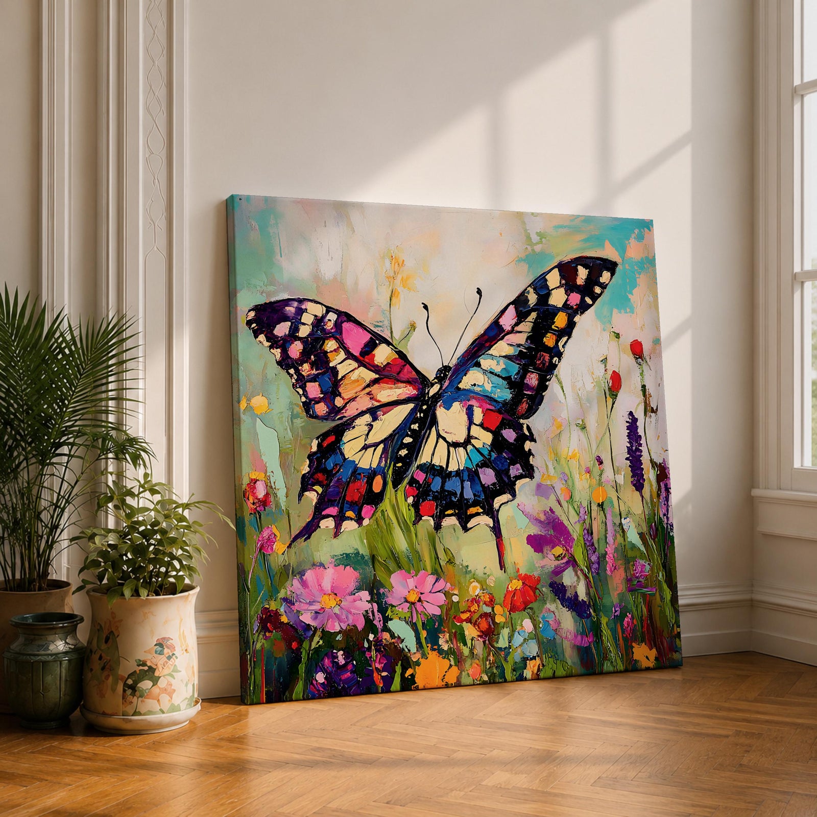 Butterfly Wall Art Swallowtail Framed Canvas Garden Floral Impasto Botanical Home Decor
