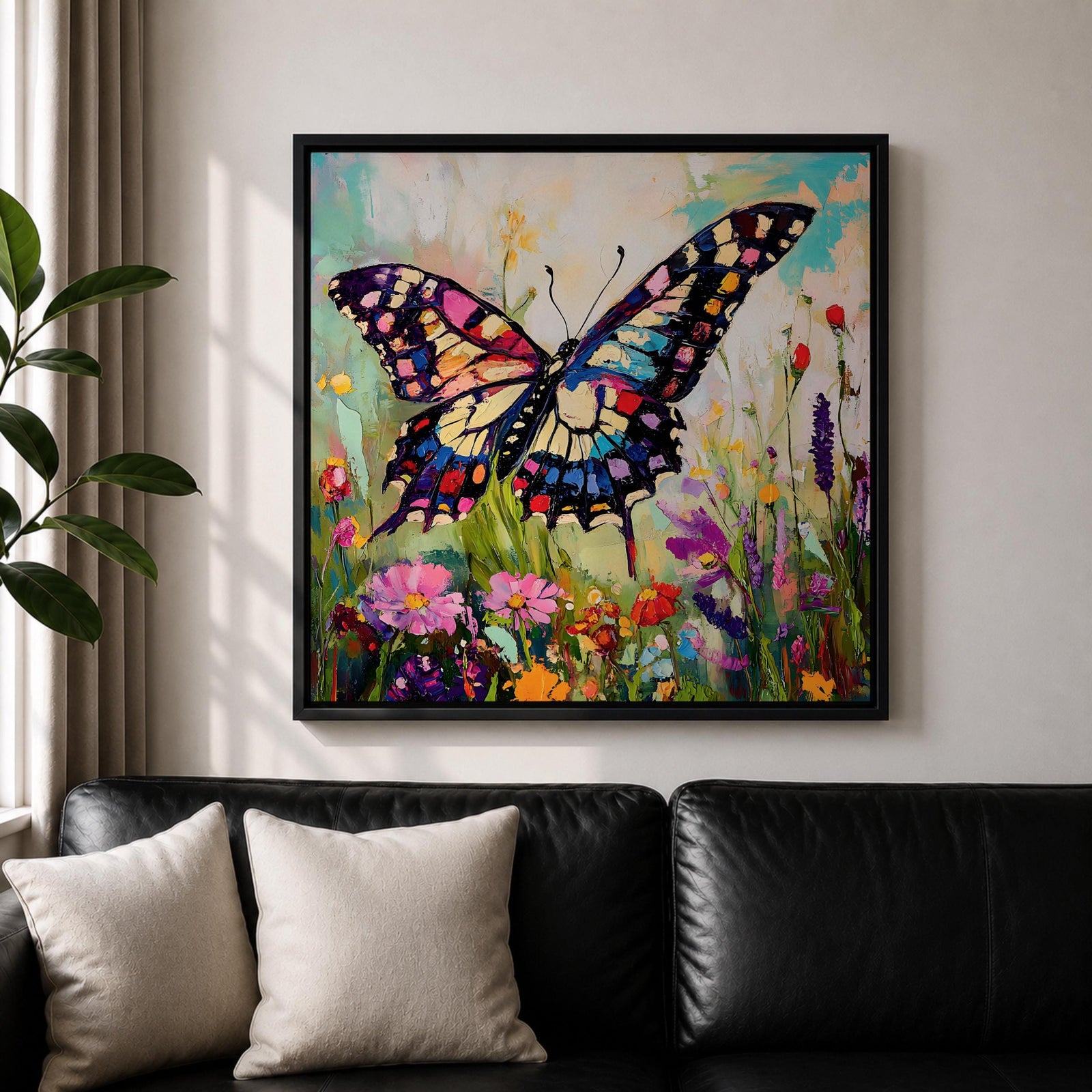 Butterfly Wall Art Swallowtail Framed Canvas Garden Floral Impasto Botanical Home Decor