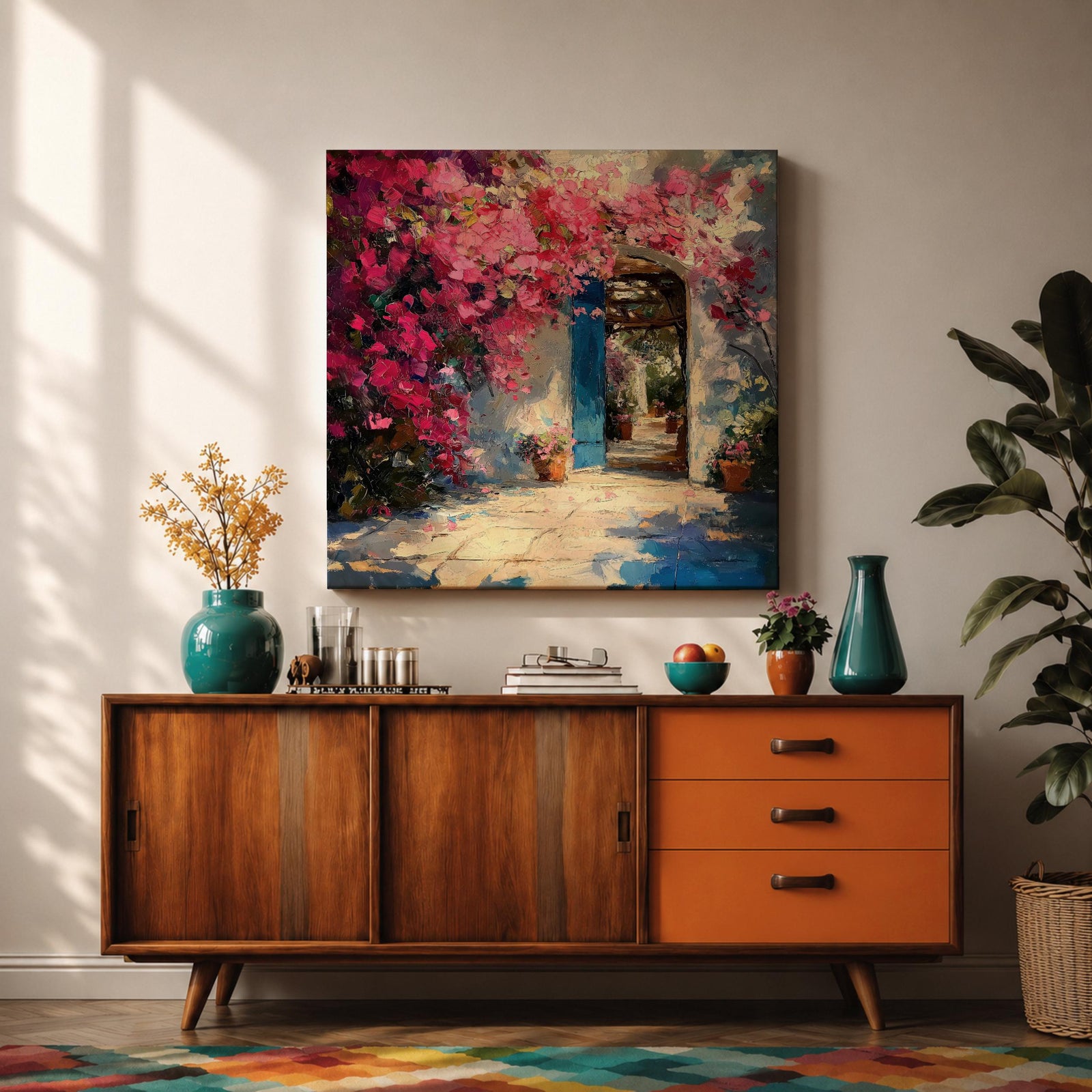 Mediterranean Doorway Wall Art Greek Entryway Framed Canvas Summer Impasto Landscape Coastal Decor