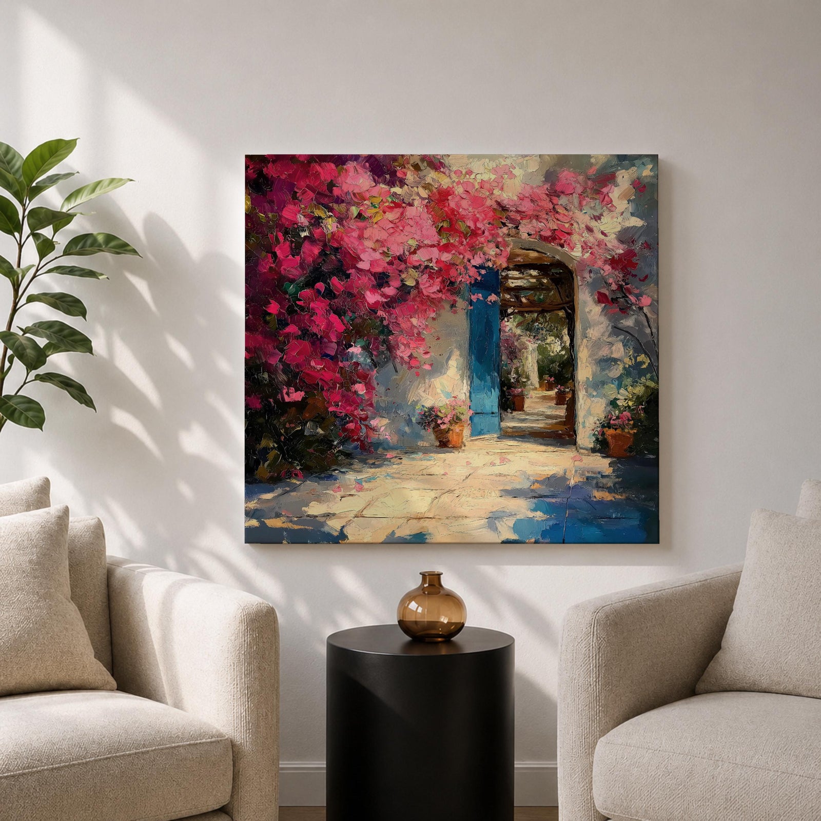 Mediterranean Doorway Wall Art Greek Entryway Framed Canvas Summer Impasto Landscape Coastal Decor
