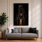 Elegant gold line illustration of the Virgin Mary with a crown and radiant Sacred Heart, hands folded in prayer against a deep black background in a refined Catholic devotional style.