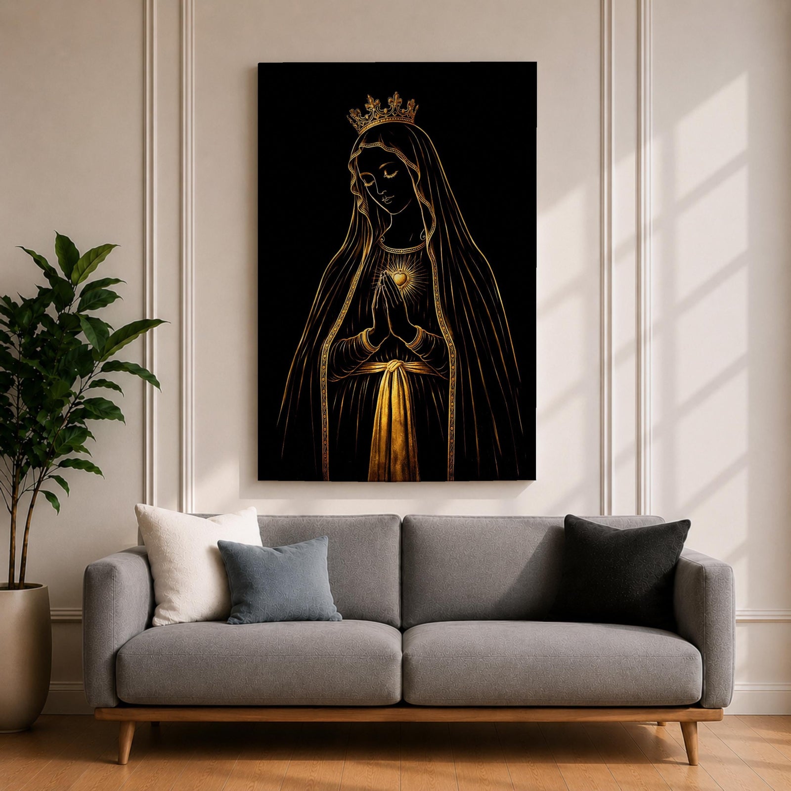 Elegant gold line illustration of the Virgin Mary with a crown and radiant Sacred Heart, hands folded in prayer against a deep black background in a refined Catholic devotional style.
