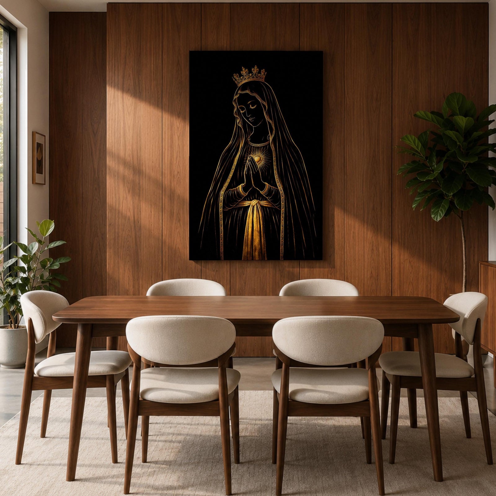 Elegant gold line illustration of the Virgin Mary with a crown and radiant Sacred Heart, hands folded in prayer against a deep black background in a refined Catholic devotional style.