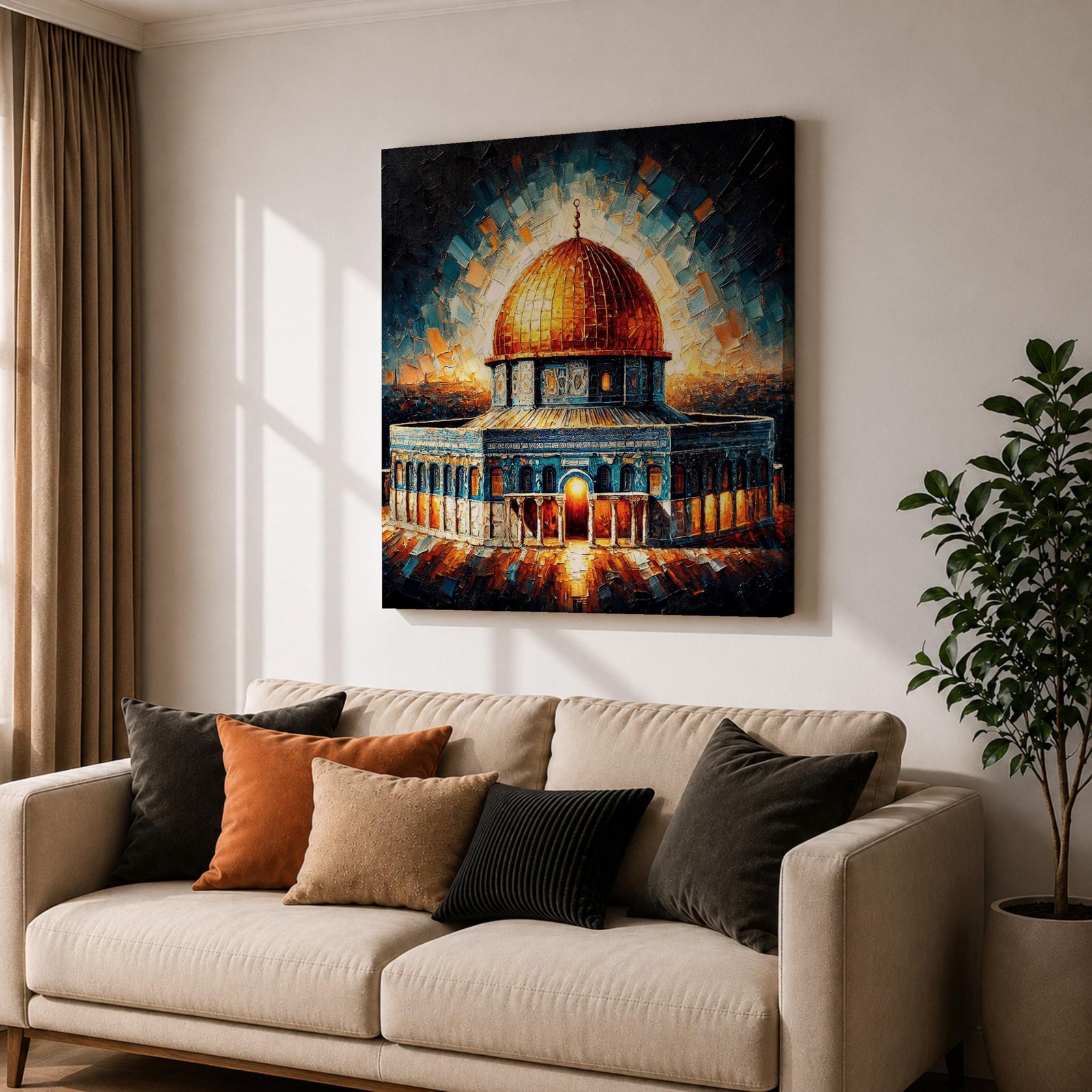 Dome of the Rock Wall Art Radiant Sky Framed Canvas Jerusalem Islamic Mosque Decor