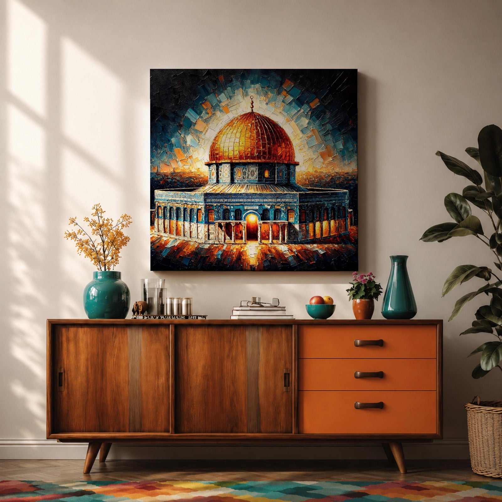 Dome of the Rock Wall Art Radiant Sky Framed Canvas Jerusalem Islamic Mosque Decor