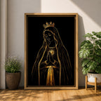 Elegant gold line illustration of the Virgin Mary with a crown and radiant Sacred Heart, hands folded in prayer against a deep black background in a refined Catholic devotional style.