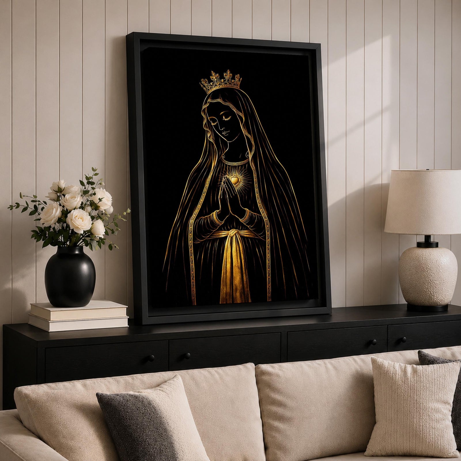 Elegant gold line illustration of the Virgin Mary with a crown and radiant Sacred Heart, hands folded in prayer against a deep black background in a refined Catholic devotional style.