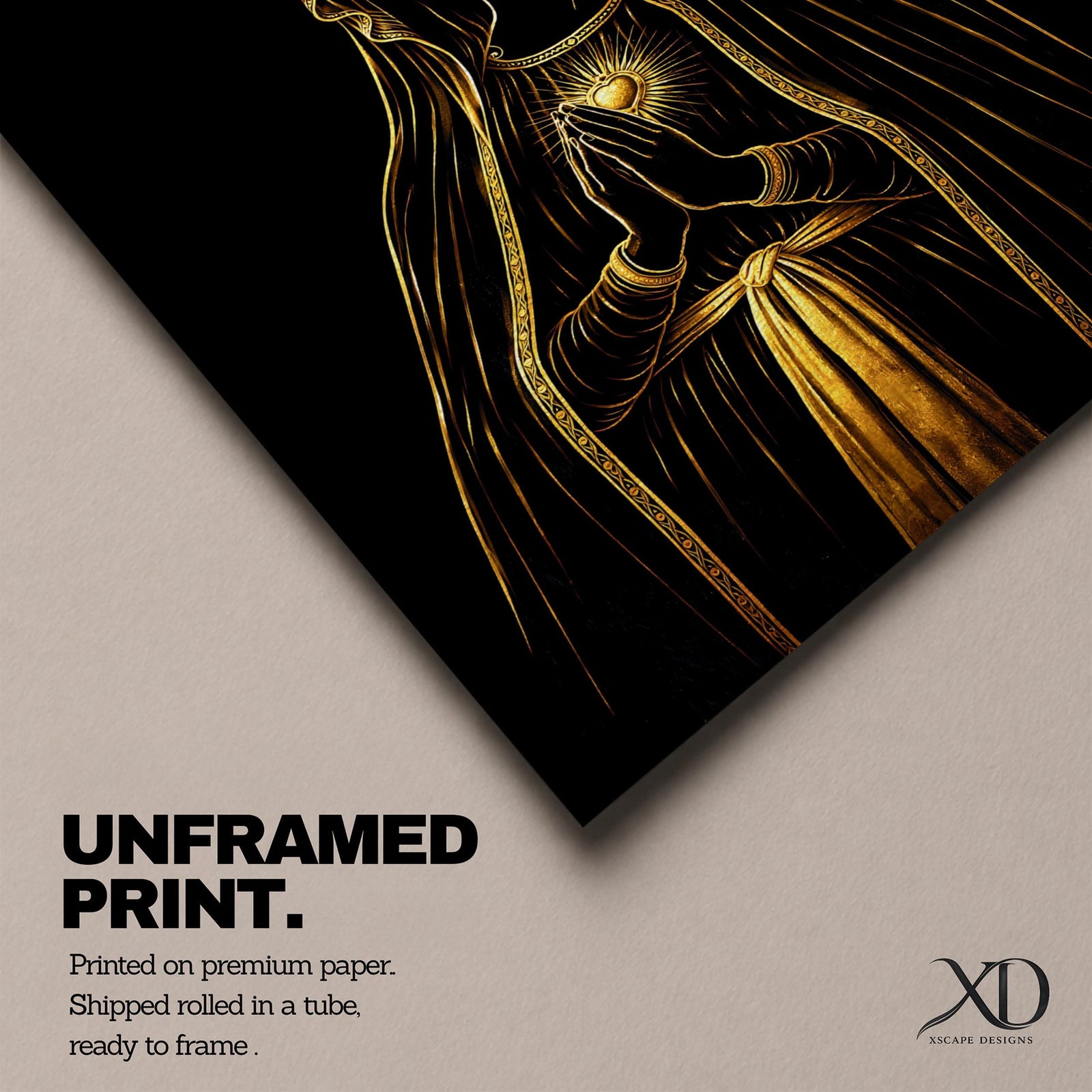 Elegant gold line illustration of the Virgin Mary with a crown and radiant Sacred Heart, hands folded in prayer against a deep black background in a refined Catholic devotional style.