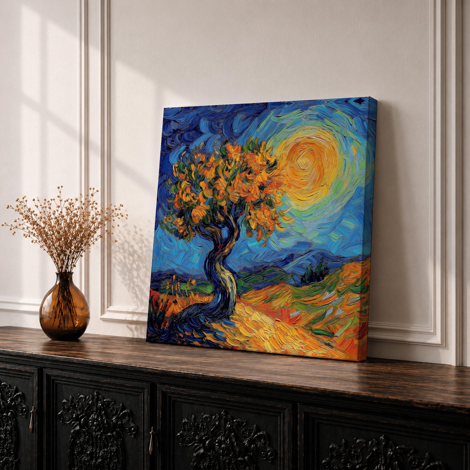 Sunlit Tree Wall Art Golden Oak Framed Canvas Landscape Impasto Rustic Home Decor