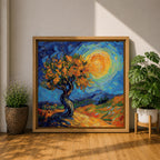 Sunlit Tree Wall Art Golden Oak Framed Canvas Landscape Impasto Rustic Home Decor
