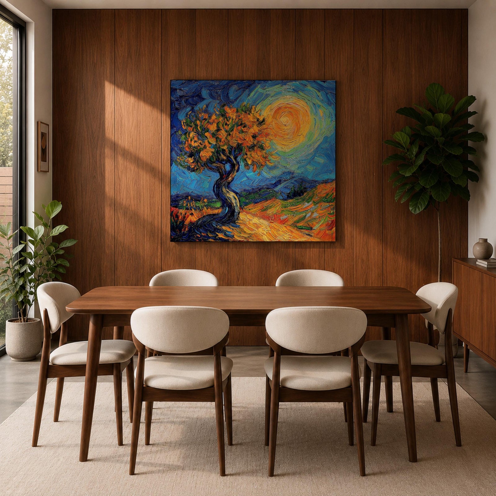 Sunlit Tree Wall Art Golden Oak Framed Canvas Landscape Impasto Rustic Home Decor