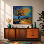 Sunlit Tree Wall Art Golden Oak Framed Canvas Landscape Impasto Rustic Home Decor