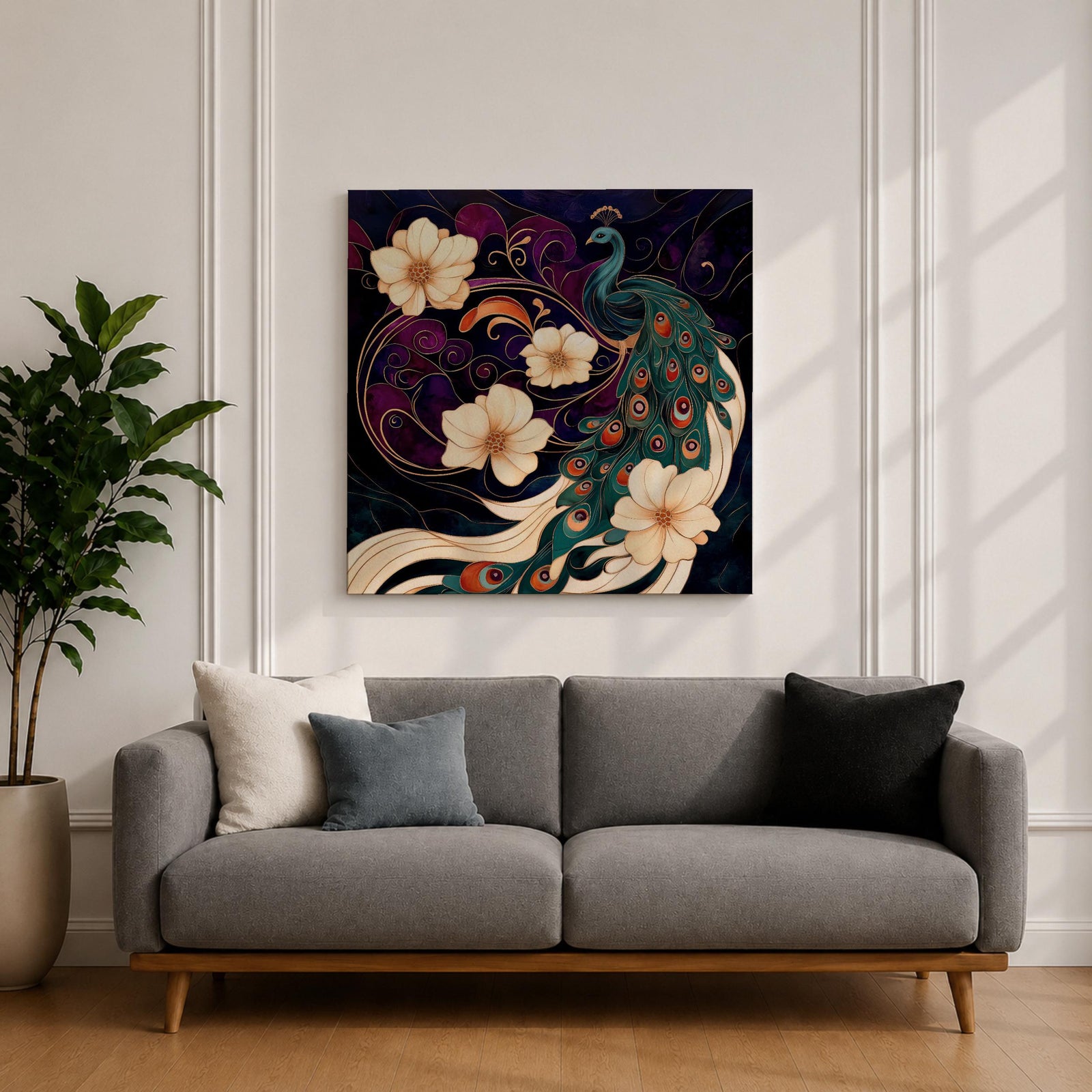 Peacock Wall Art Indian Peafowl Framed Canvas Floral Wildlife Impasto Boho Home Decor