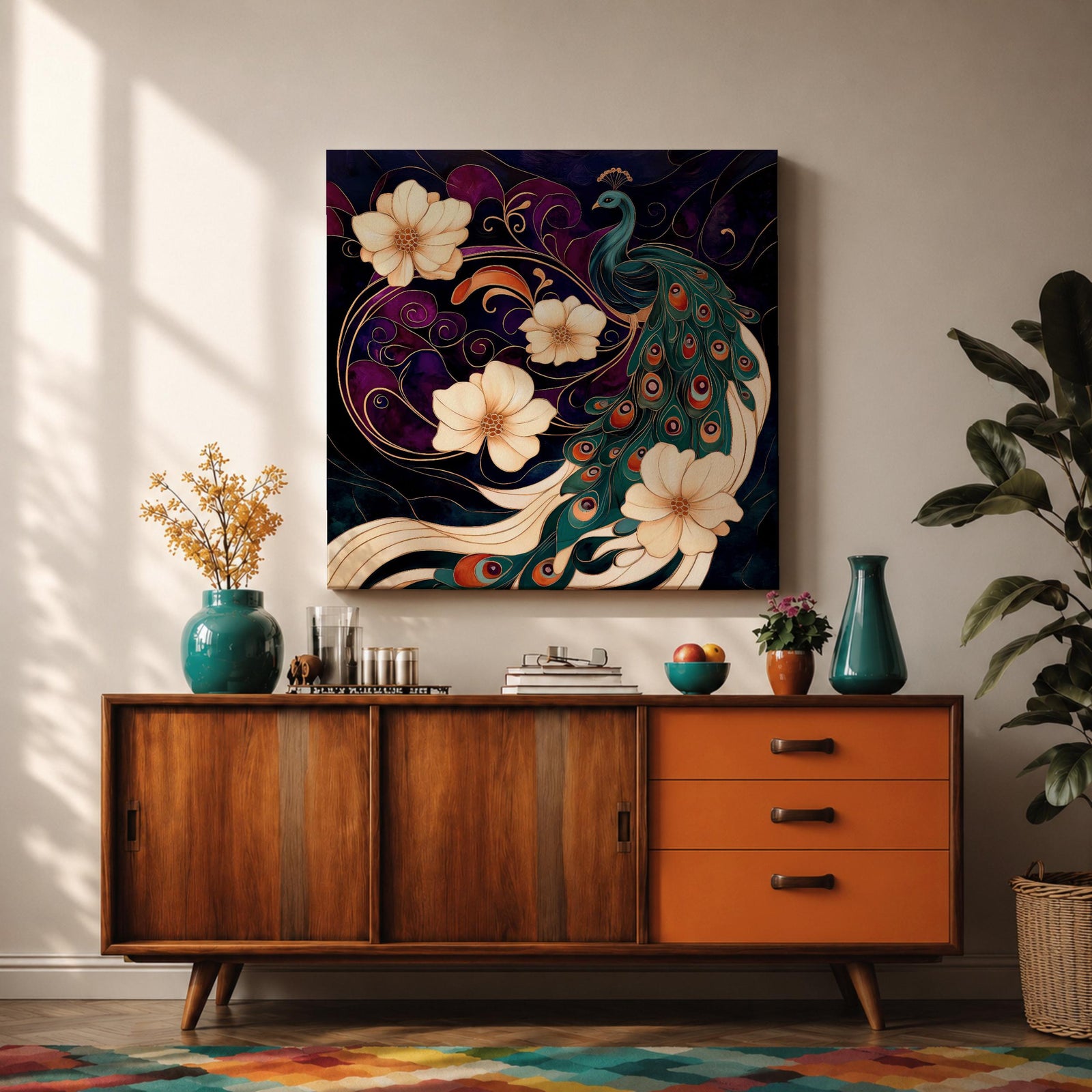 Peacock Wall Art Indian Peafowl Framed Canvas Floral Wildlife Impasto Boho Home Decor