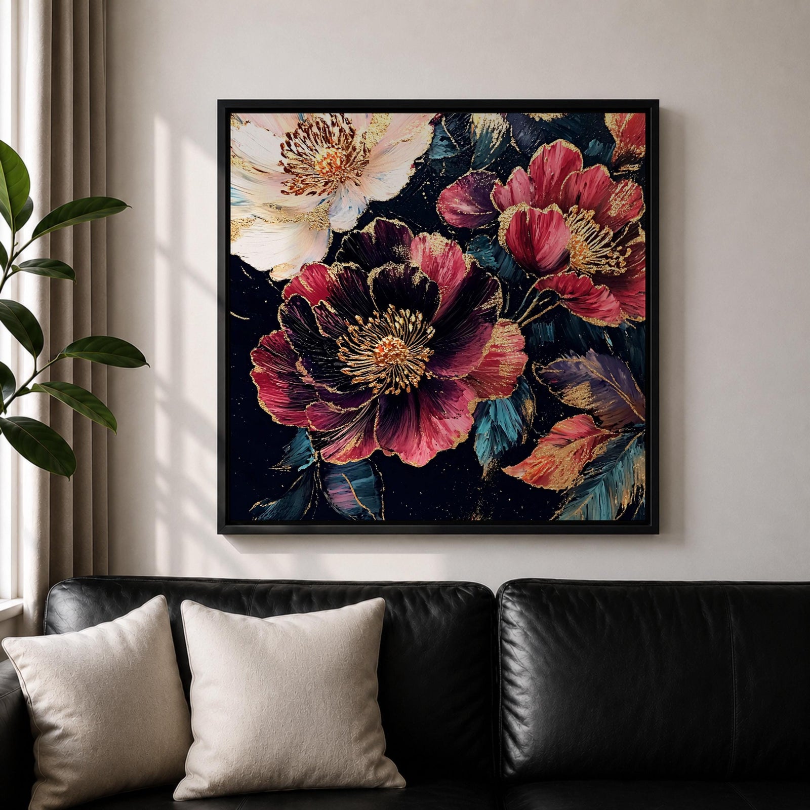 Dark Peony Wall Art Floral Painting Framed Canvas Botanical Flower Home Decor