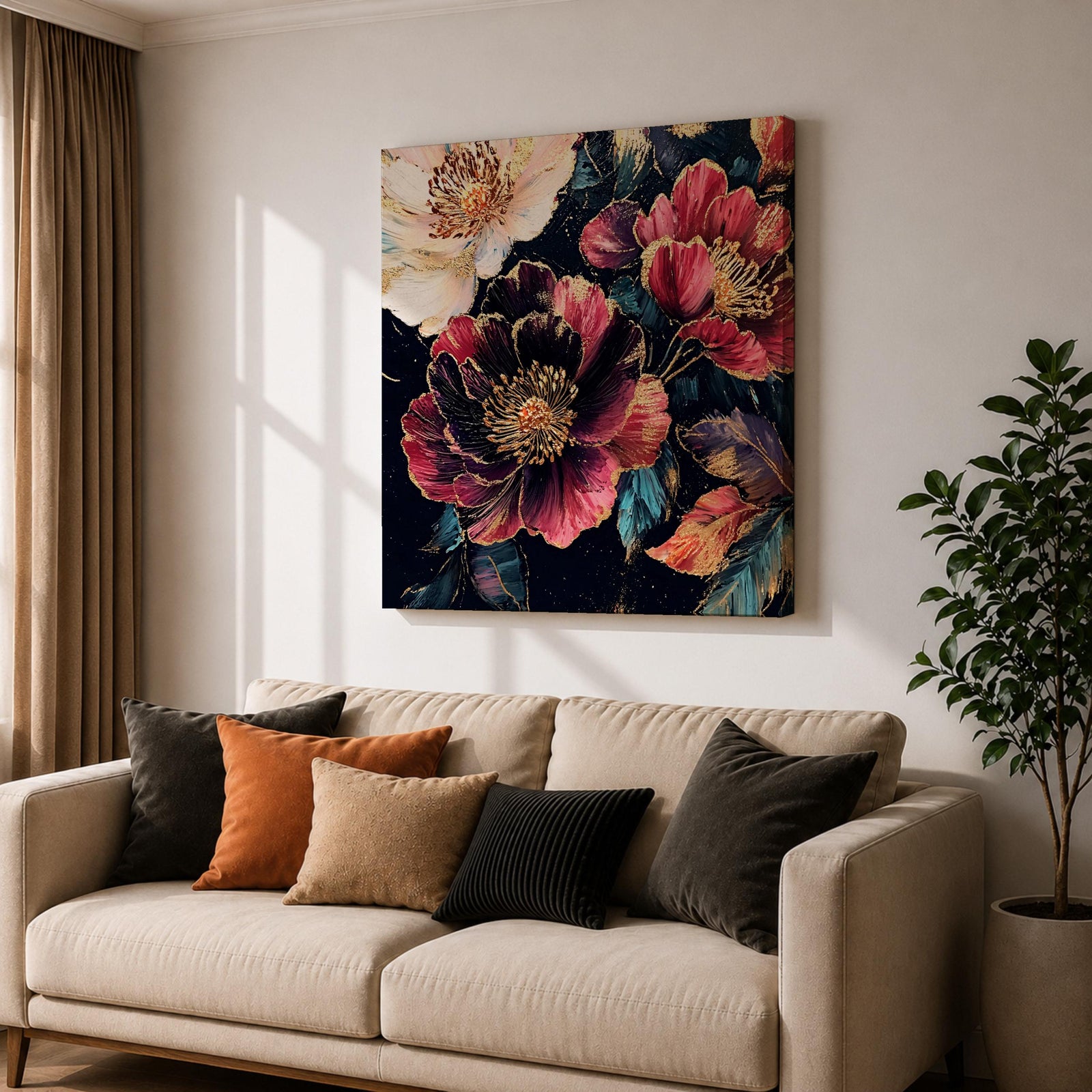 Dark Peony Wall Art Floral Painting Framed Canvas Botanical Flower Home Decor