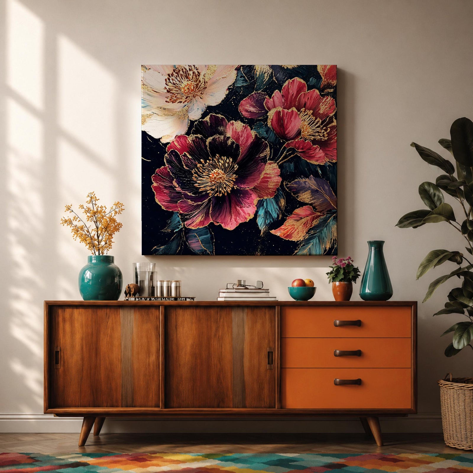 Dark Peony Wall Art Floral Painting Framed Canvas Botanical Flower Home Decor