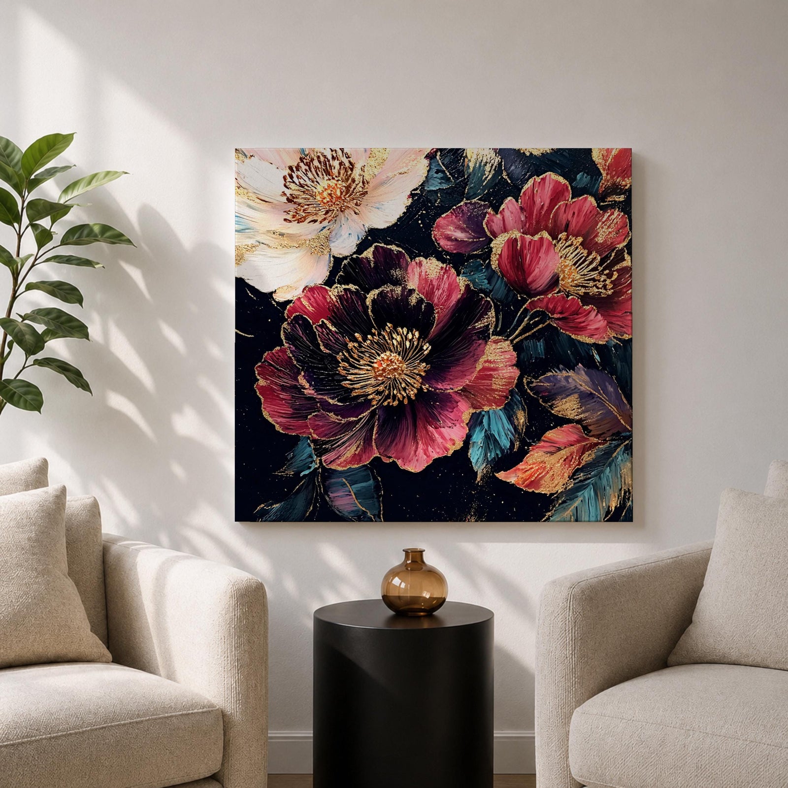 Dark Peony Wall Art Floral Painting Framed Canvas Botanical Flower Home Decor