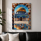 Mosaic style artwork depicting the Dome of the Rock in Jerusalem framed by a richly patterned stone arch, showing the iconic golden dome rising above detailed blue tile architecture and a reflective courtyard with geometric patterns, emphasizing Islamic sacred architecture through intricate mosaic textures and symmetrical composition.