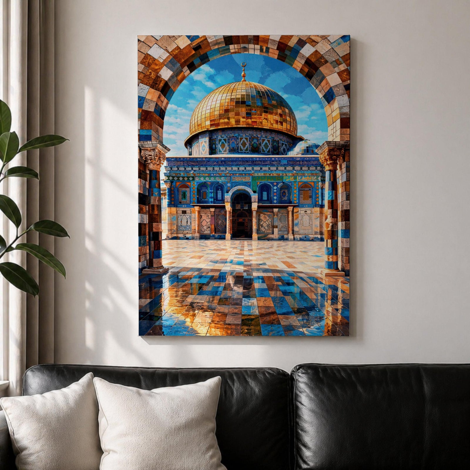 Mosaic style artwork depicting the Dome of the Rock in Jerusalem framed by a richly patterned stone arch, showing the iconic golden dome rising above detailed blue tile architecture and a reflective courtyard with geometric patterns, emphasizing Islamic sacred architecture through intricate mosaic textures and symmetrical composition.