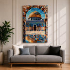 Mosaic style artwork depicting the Dome of the Rock in Jerusalem framed by a richly patterned stone arch, showing the iconic golden dome rising above detailed blue tile architecture and a reflective courtyard with geometric patterns, emphasizing Islamic sacred architecture through intricate mosaic textures and symmetrical composition.