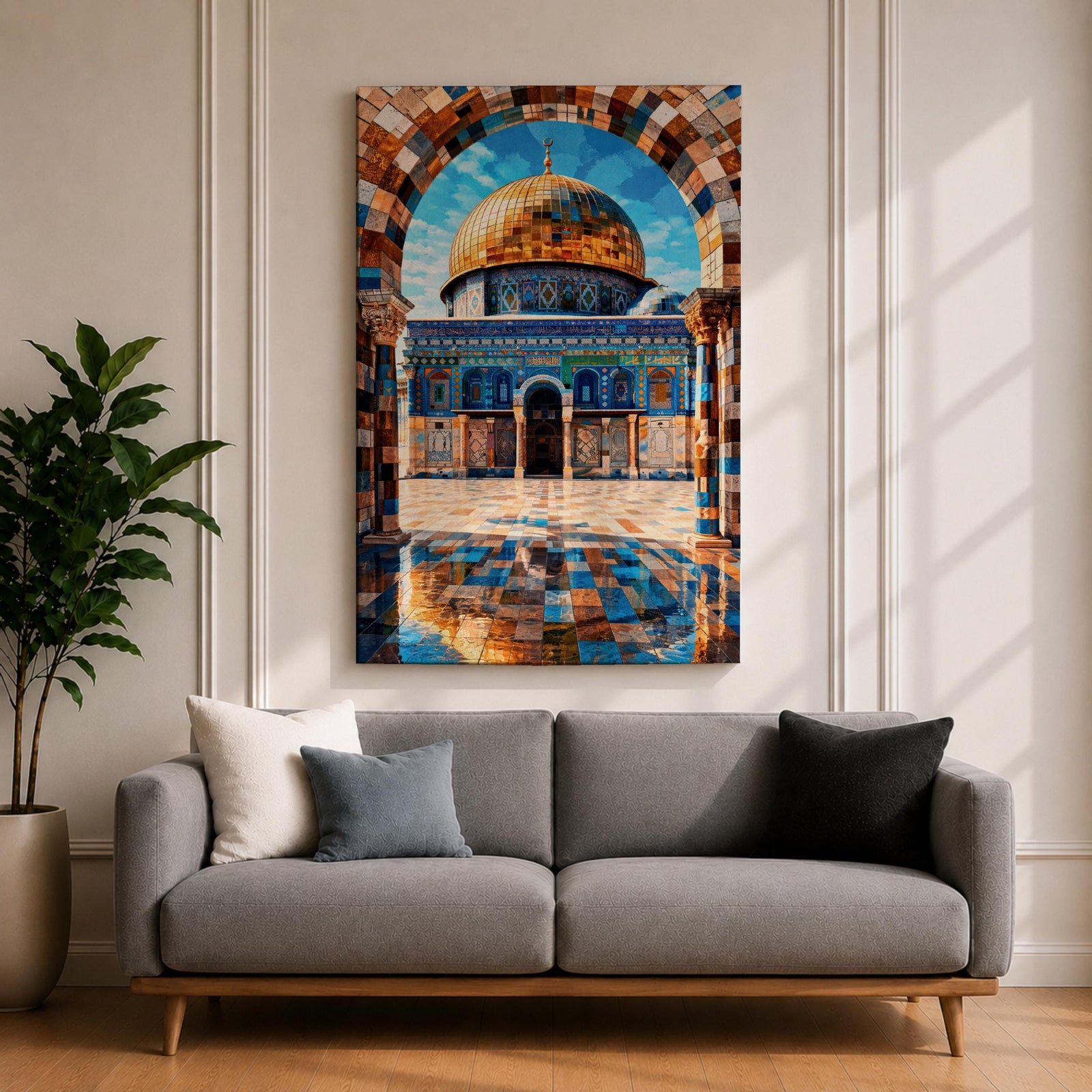 Mosaic style artwork depicting the Dome of the Rock in Jerusalem framed by a richly patterned stone arch, showing the iconic golden dome rising above detailed blue tile architecture and a reflective courtyard with geometric patterns, emphasizing Islamic sacred architecture through intricate mosaic textures and symmetrical composition.