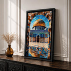 Mosaic style artwork depicting the Dome of the Rock in Jerusalem framed by a richly patterned stone arch, showing the iconic golden dome rising above detailed blue tile architecture and a reflective courtyard with geometric patterns, emphasizing Islamic sacred architecture through intricate mosaic textures and symmetrical composition.
