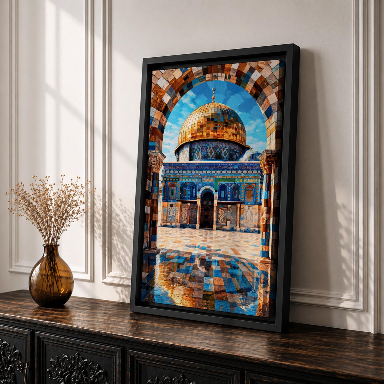 Mosaic style artwork depicting the Dome of the Rock in Jerusalem framed by a richly patterned stone arch, showing the iconic golden dome rising above detailed blue tile architecture and a reflective courtyard with geometric patterns, emphasizing Islamic sacred architecture through intricate mosaic textures and symmetrical composition.