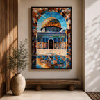 Mosaic style artwork depicting the Dome of the Rock in Jerusalem framed by a richly patterned stone arch, showing the iconic golden dome rising above detailed blue tile architecture and a reflective courtyard with geometric patterns, emphasizing Islamic sacred architecture through intricate mosaic textures and symmetrical composition.