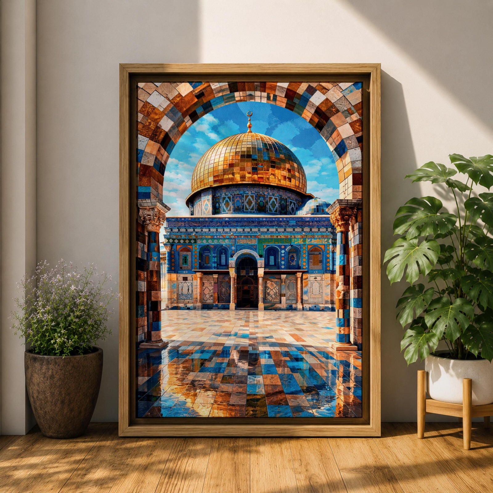 Mosaic style artwork depicting the Dome of the Rock in Jerusalem framed by a richly patterned stone arch, showing the iconic golden dome rising above detailed blue tile architecture and a reflective courtyard with geometric patterns, emphasizing Islamic sacred architecture through intricate mosaic textures and symmetrical composition.